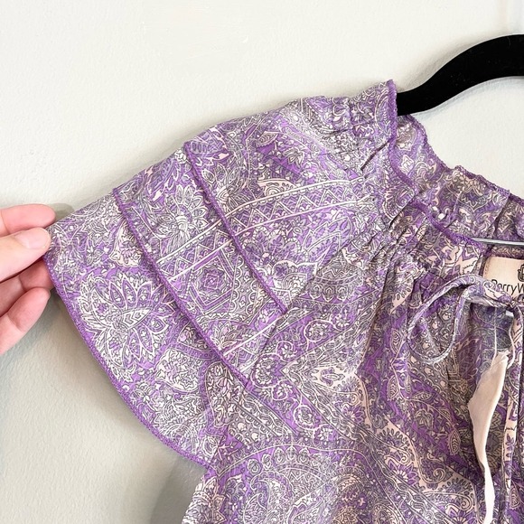 Perry Walker Women's Purple Paisley Silk Ruffled Tiered Sleeve Blouse Size 2 NWT - Picture 3 of 11